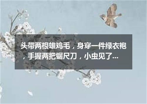 头带两根雄鸡毛，身穿一件绿衣袍，手握两把锯尺刀，小虫见了拼命逃。（打一动物）
