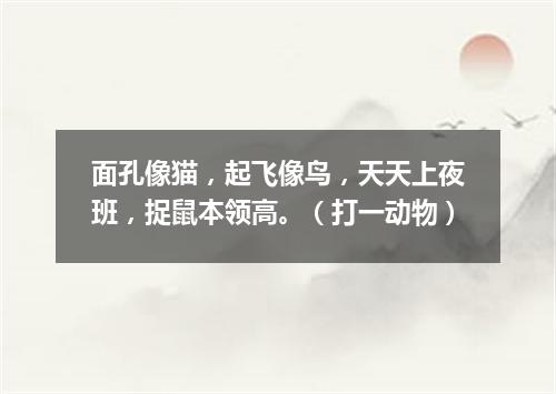 面孔像猫，起飞像鸟，天天上夜班，捉鼠本领高。（打一动物）