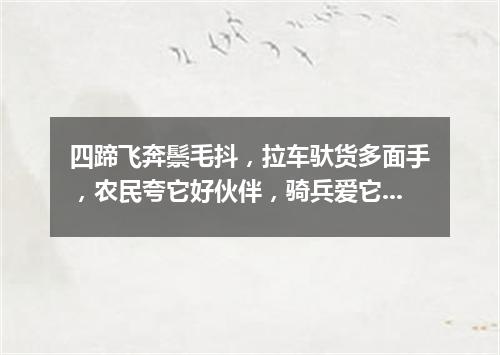四蹄飞奔鬃毛抖，拉车驮货多面手，农民夸它好伙伴，骑兵爱它如战友。（打一动物）